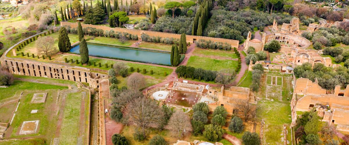 Aerial view of Hadrian's Villa at Tivoli, near Rome, Italy. Villa Adriana is a World Heritage comprising the ruins and archaeological remains of a complex built by Roman Emperor Hadrian.