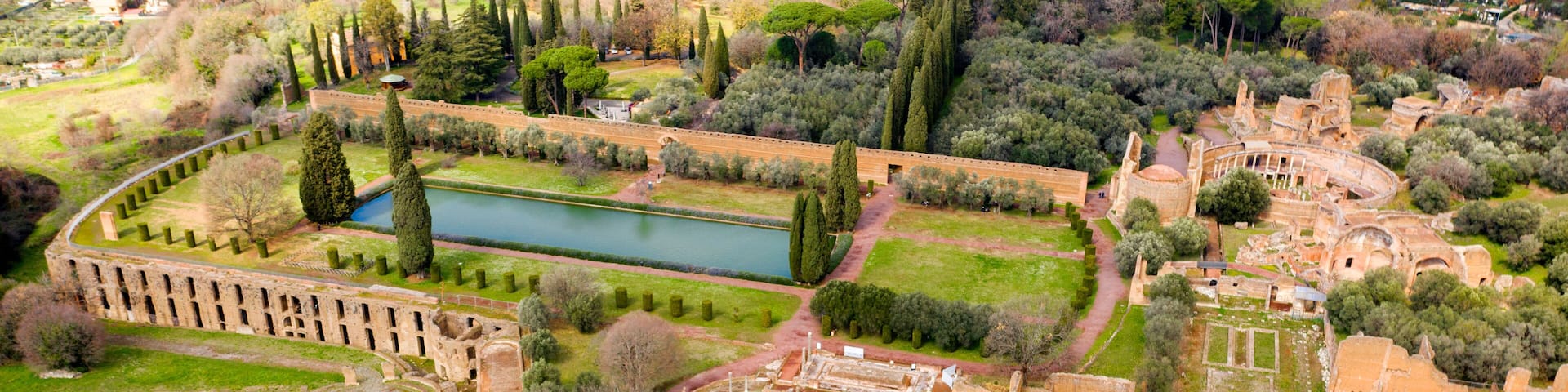 Aerial view of Hadrian's Villa at Tivoli, near Rome, Italy. Villa Adriana is a World Heritage comprising the ruins and archaeological remains of a complex built by Roman Emperor Hadrian.