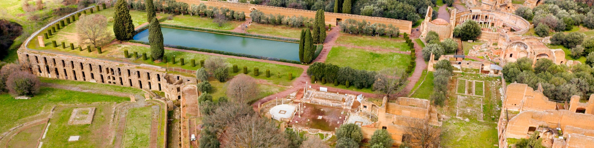 Aerial view of Hadrian's Villa at Tivoli, near Rome, Italy. Villa Adriana is a World Heritage comprising the ruins and archaeological remains of a complex built by Roman Emperor Hadrian.