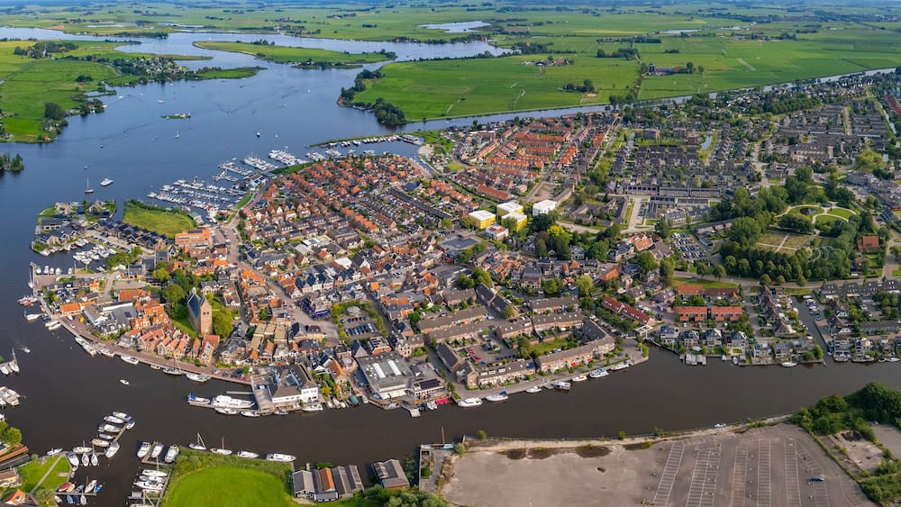 Aerial view of the old town of the city Grou in the Netherlands on a sunny day in summer