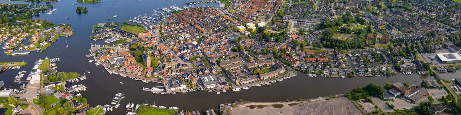 Aerial view of the old town of the city Grou in the Netherlands on a sunny day in summer