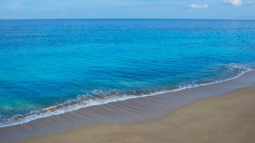 Een strand met helder turquoise water en een zandstrand.
