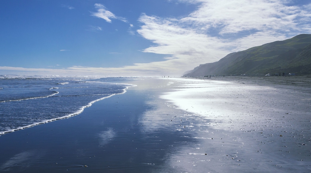 Ein Strand mit Wellen, einem klaren Himmel und Bergen im Hintergrund.