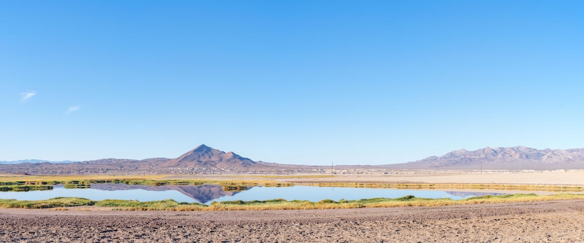 Tecopa Mountain, Panoramic View, Desert Oasis, Reflection. Death Valley Natl Park, Flawless Water Reflection
