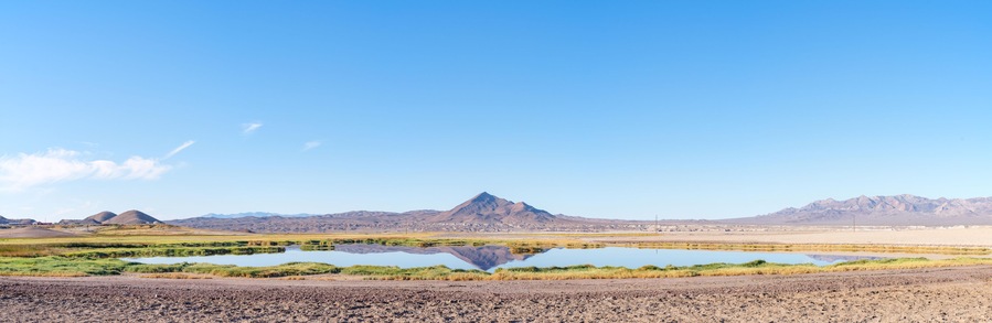 Tecopa Mountain, Panoramic View, Desert Oasis, Reflection. Death Valley Natl Park, Flawless Water Reflection