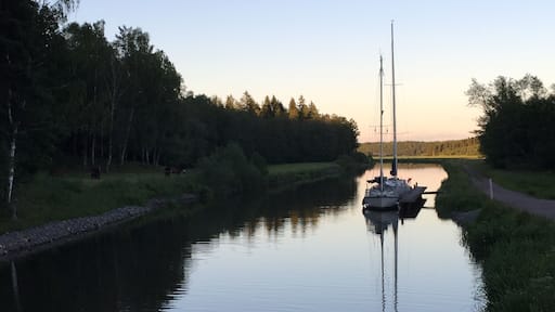 On the Gota Canal in Sweden. There is a hostel where people coming on land and boat can go. It is charming and nice. Thanks for the night and breakfast. This was taken at night around 2200. Boat waiting to go pass the lock in the morning. #Waterlust