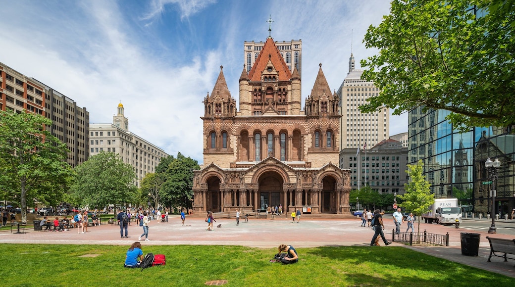 Trinity Church Boston showing heritage architecture, a city and a garden