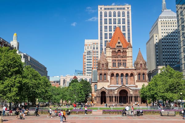 Trinity Church Boston showing a city, a church or cathedral and heritage architecture