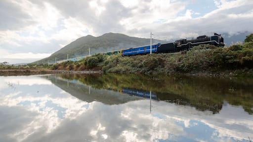 A tourist train hauled by an antique steam locomotive passing by the flooded rice paddies with reflections in the peaceful water on a sunny cloudy summer day in Ji'an Township, Hualien County, Taiwan