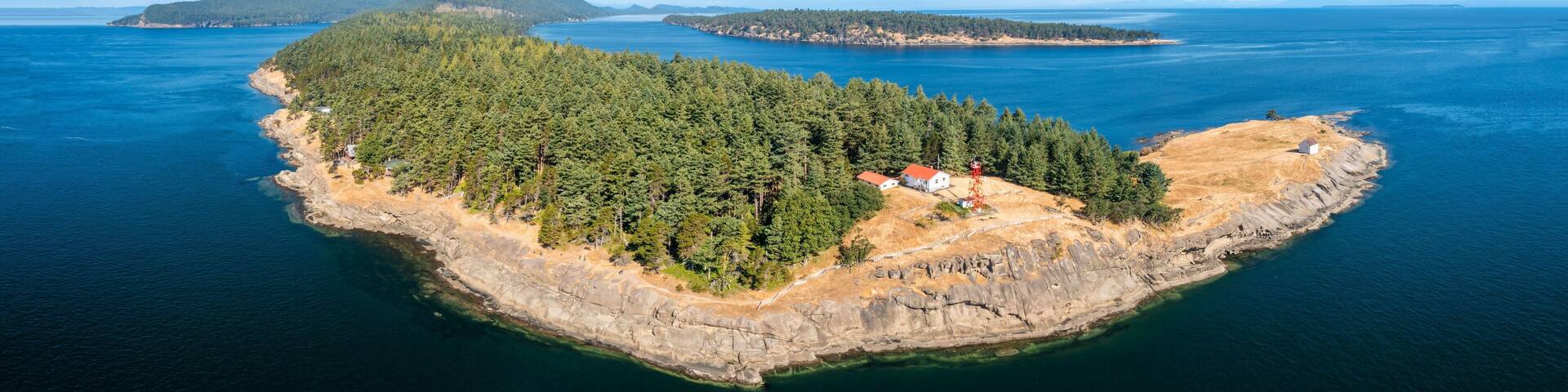 Aerial view of the idyllic landscape of Saturna Island in Canada