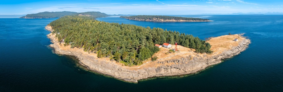 Aerial view of the idyllic landscape of Saturna Island in Canada