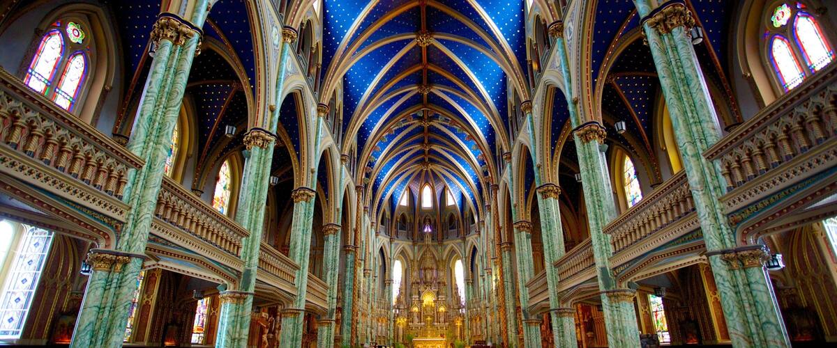 A cathedral interior with high vaulted ceilings, ornate columns, and stained glass windows.