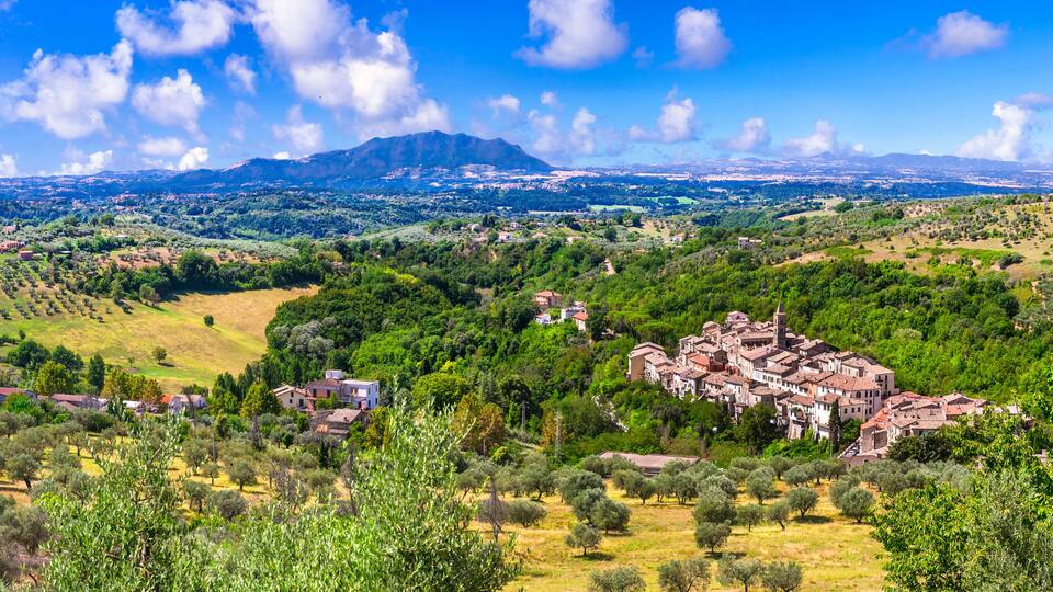A mountainous landscape with a village nestled among olive groves and vineyards.