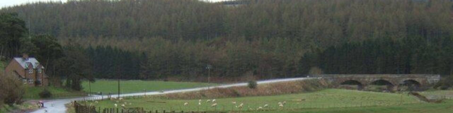 Bridge over the Whiteadder Near Ellemford, showing the B6355's descent before it bends to the right and crosses the bridge over the River Whiteadder.