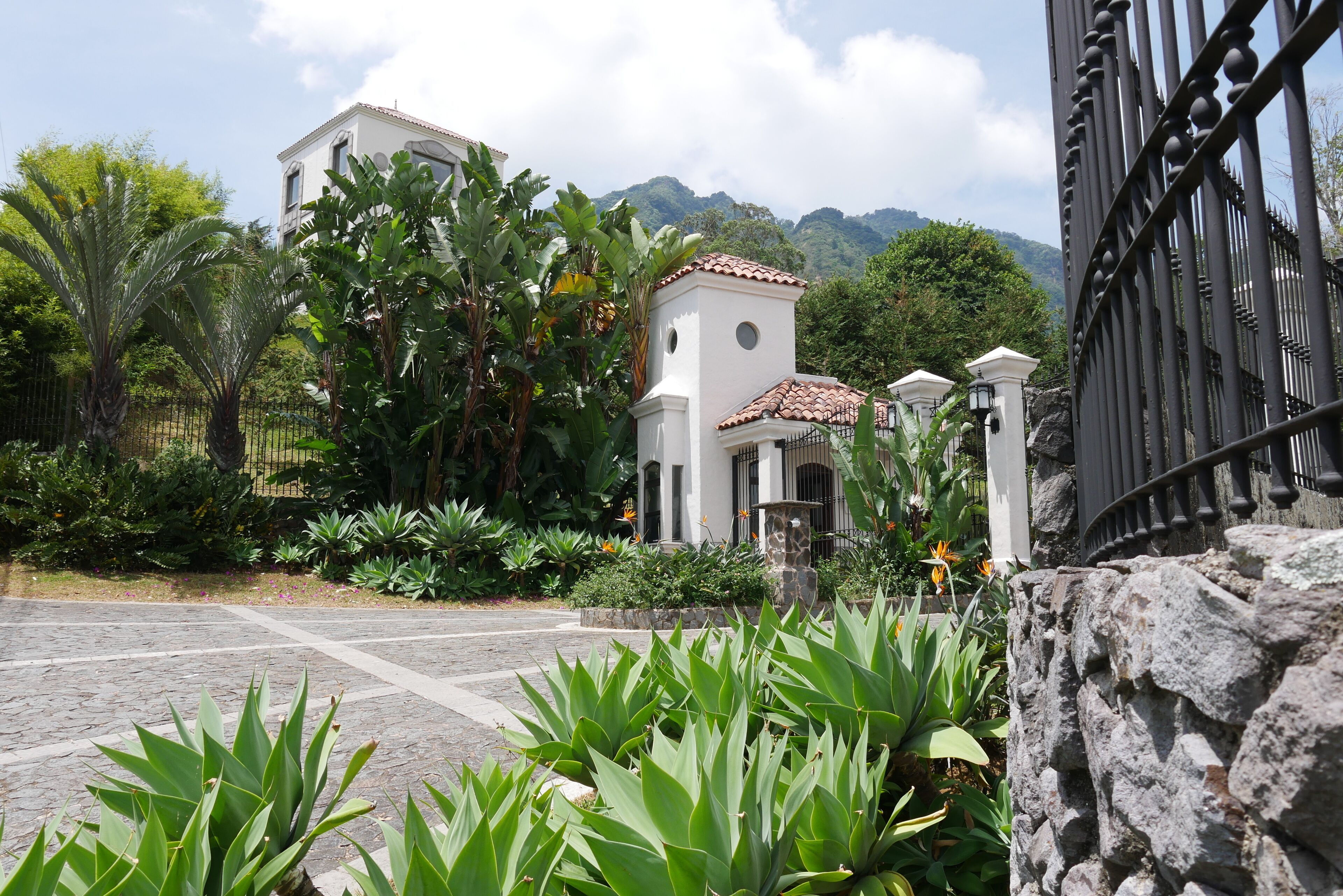 A white church with a bell tower, surrounded by lush greenery and a stone wall.