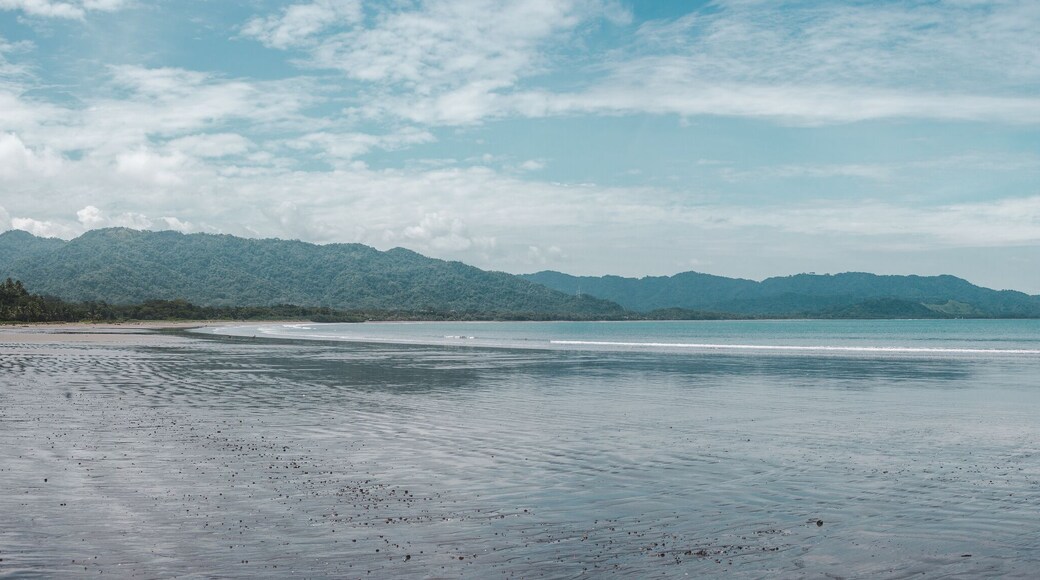 Tide out on the empty Bahia Ballena with no people on a sunny day near Montezuma, on the Pacific coast of Costa Rica