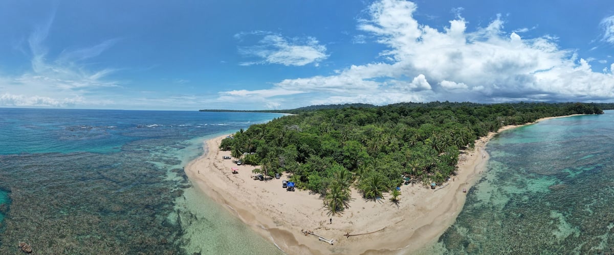 Una isla tropical con una playa arenosa, un bosque verde frondoso y aguas azules cristalinas.