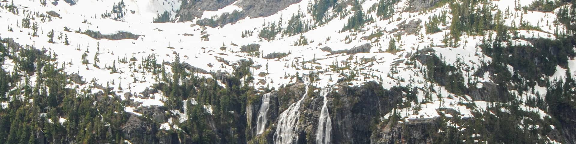 Della Falls as seen from a higher viewpoint in Strathcona Provincial Park, Vancouver Island, BC, Canada