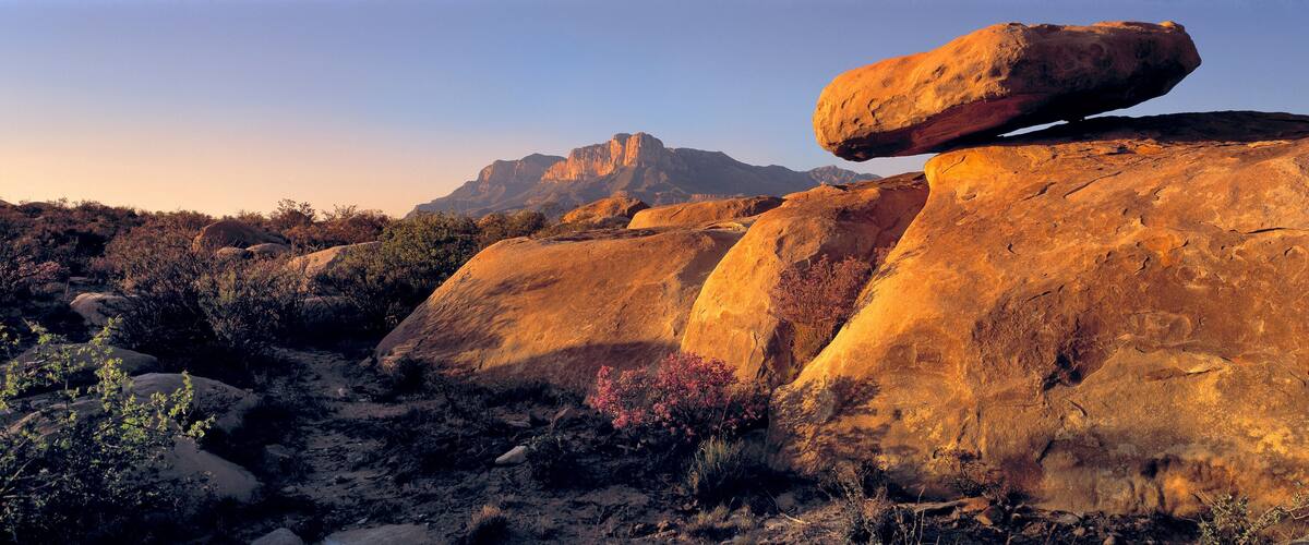 A large rock formation with a balanced boulder on top, surrounded by desert vegetation.