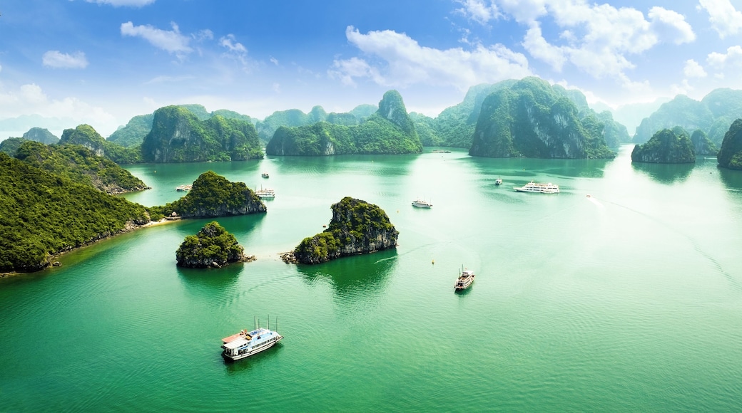 HALONG bay in vietnam. UNESCO World Heritage Site. This view from TiTop island and its most popular view for travel in Halong bay.
