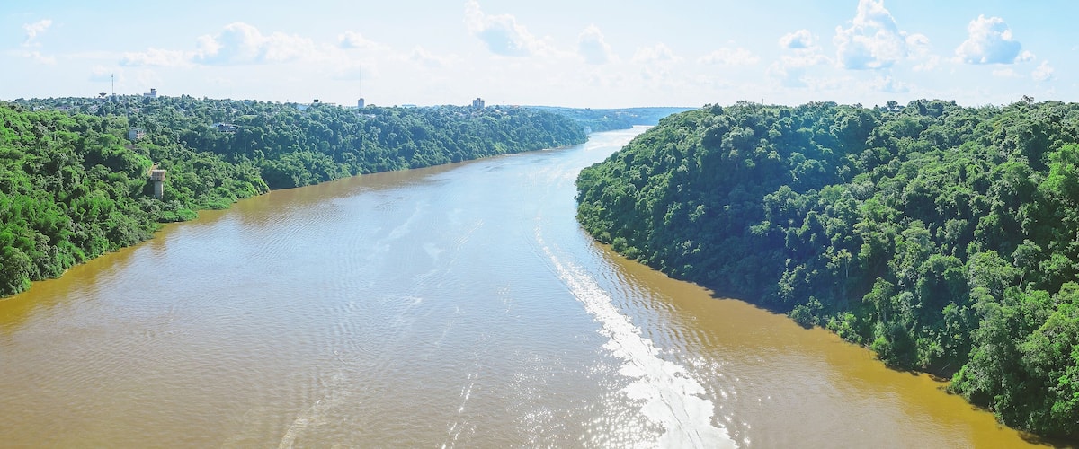 A river flanked by dense green forest, with a clear sky above.
