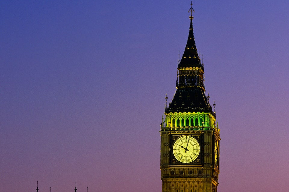 A torre do relógio Big Ben ao entardecer, com luzes iluminadas.