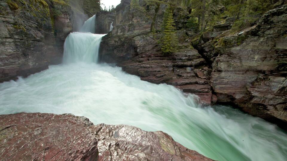 A powerful waterfall cascading down a rocky gorge surrounded by forested mountains.