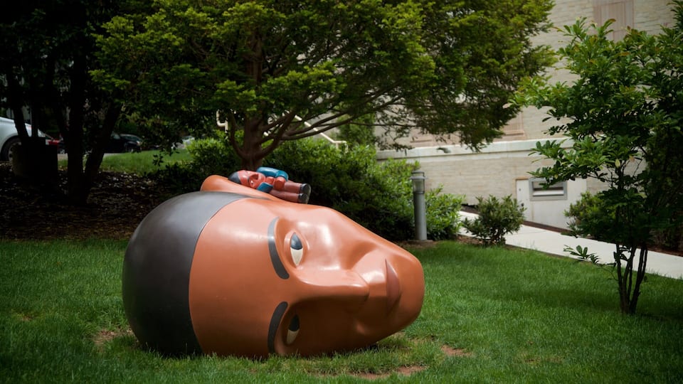 A large, colorful sculpture of a face in a grassy area with trees and a building in the background.