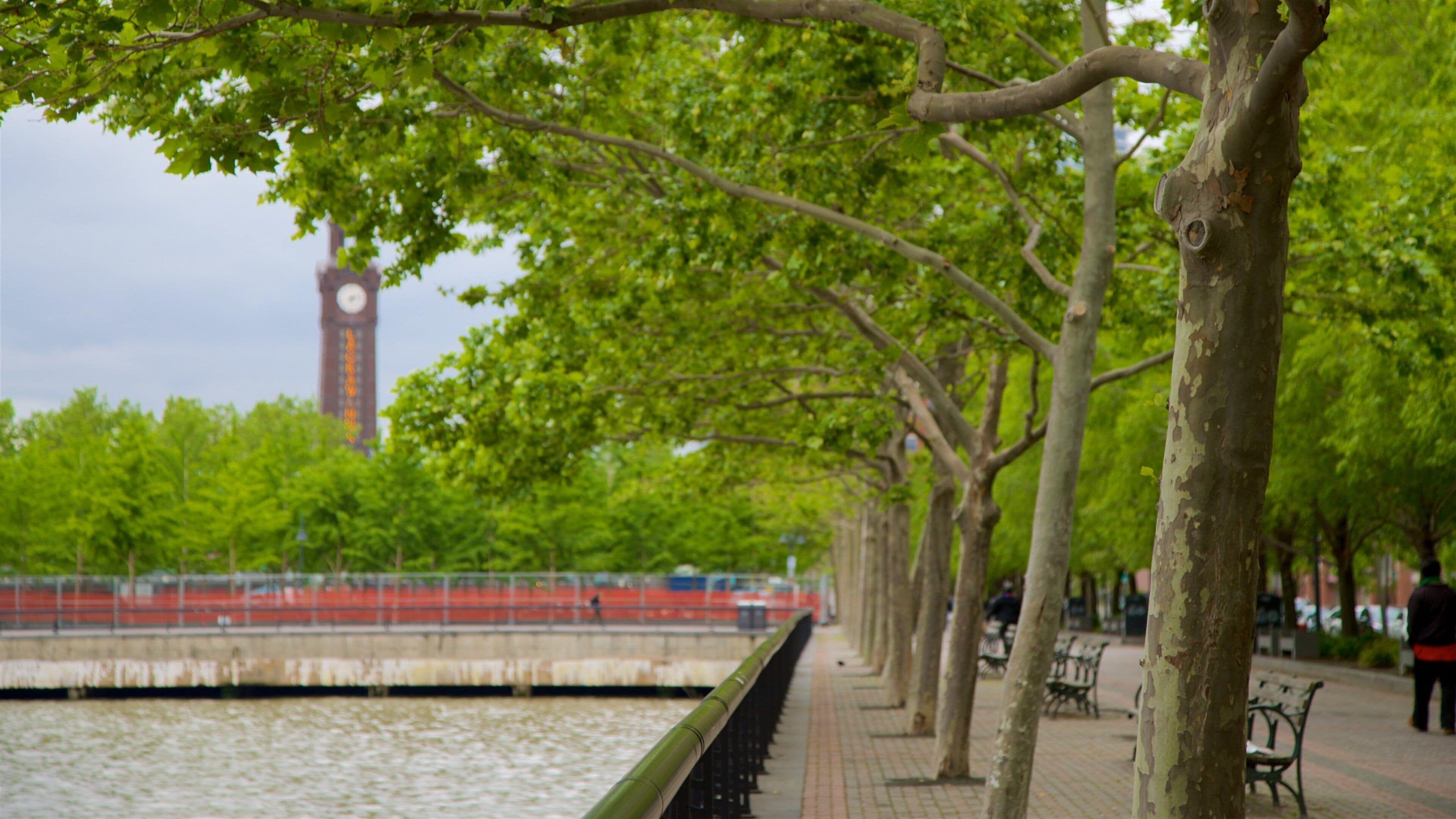 Pier A Park which includes a park and a bay or harbor
