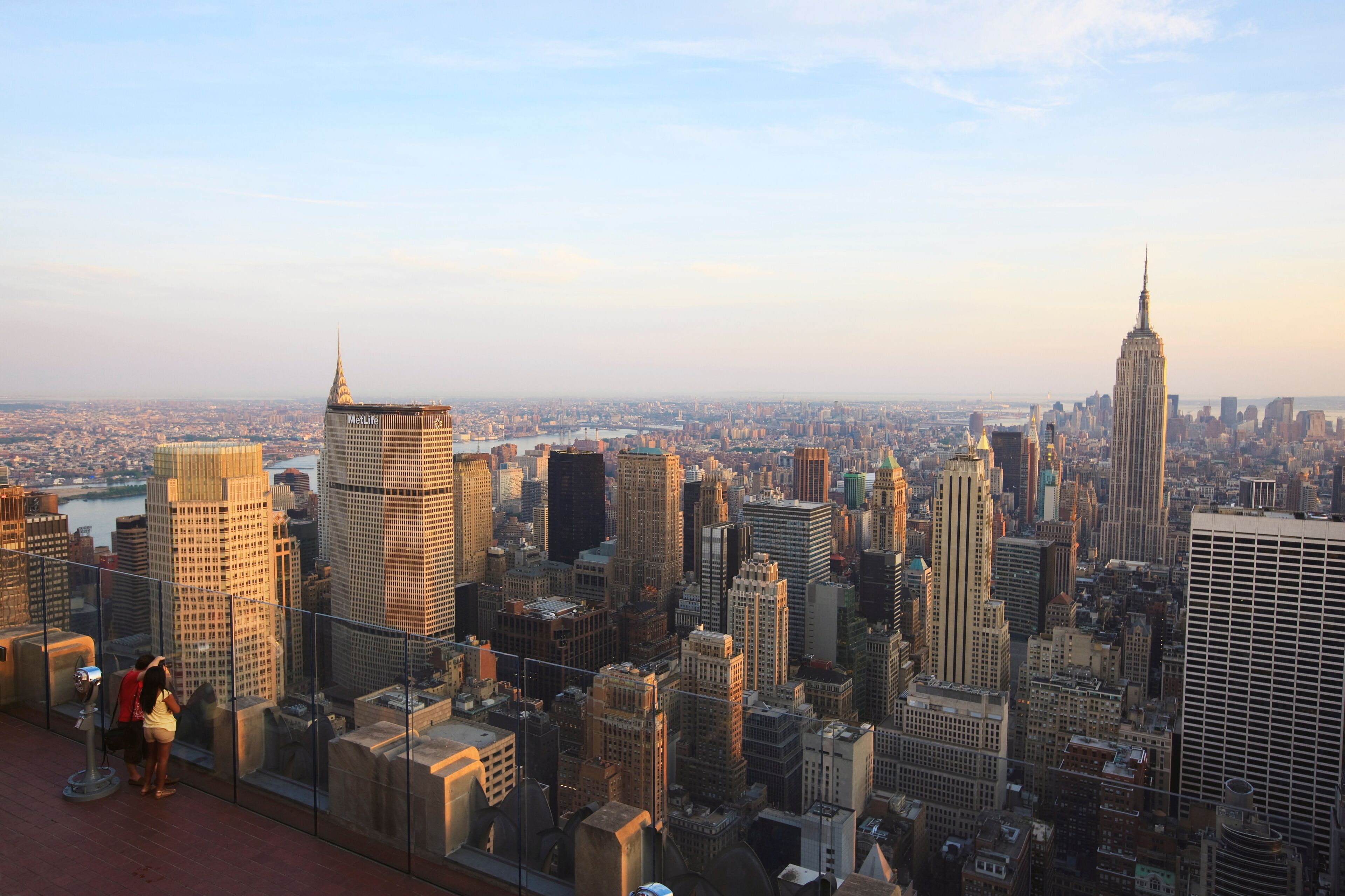 View from the top of the Rockefeller Center of Lower Manhattan and the Empire State Building, New York City, New York