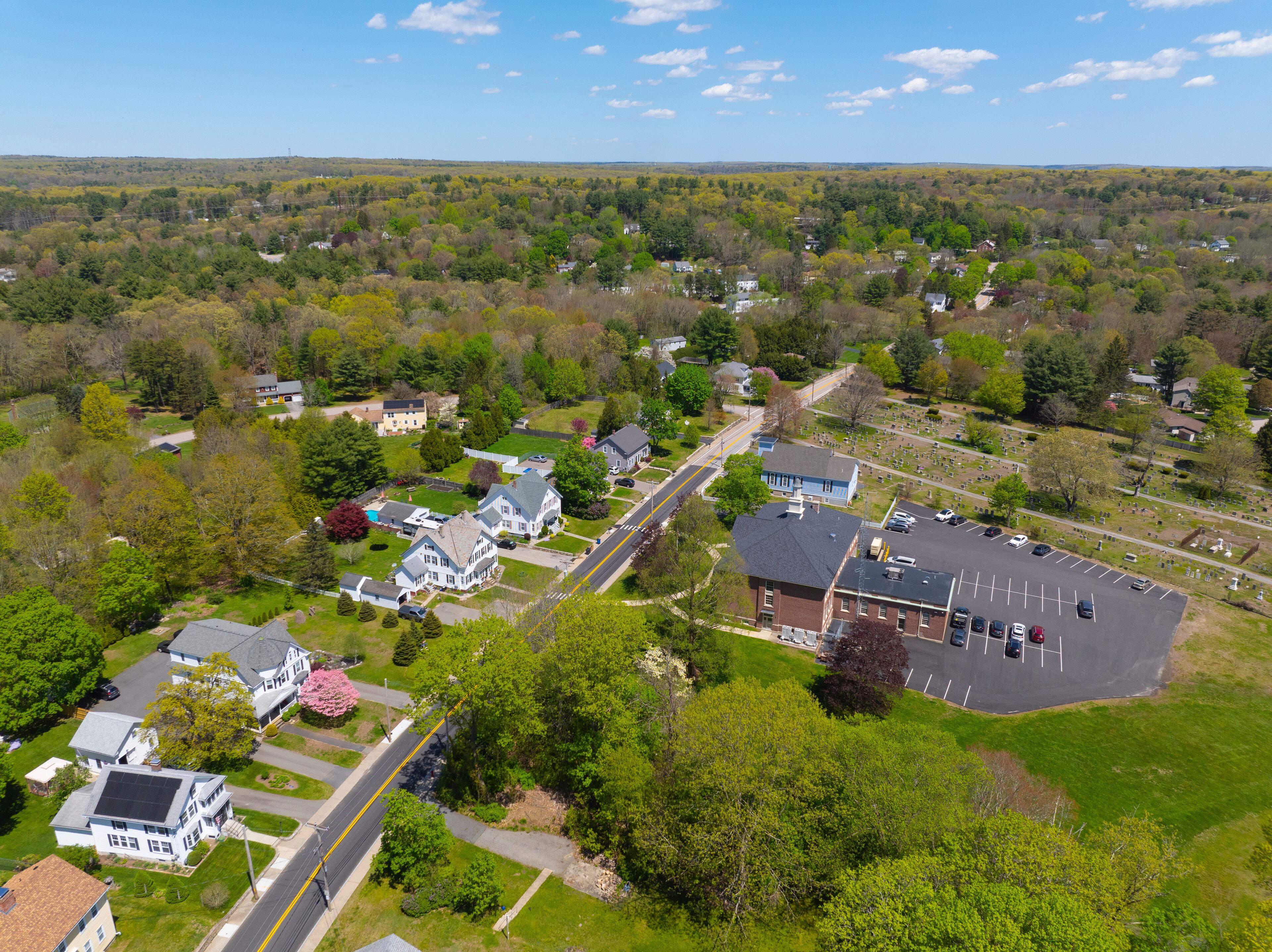 North Smithfield Town Hall aerial view at 83 Greene Street in historic village of Slatersville, town of North Smithfield, Rhode Island RI, USA. 
