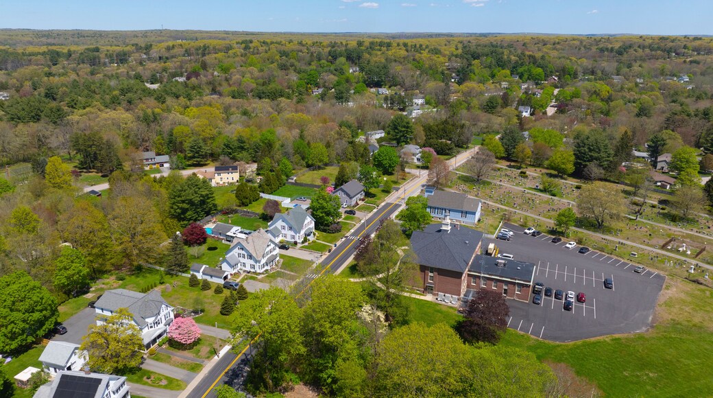 North Smithfield Town Hall aerial view at 83 Greene Street in historic village of Slatersville, town of North Smithfield, Rhode Island RI, USA.
