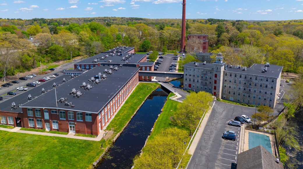 Slatersville Mills building aerial view in historic village of Slatersville, town of North Smithfield, Rhode Island RI, USA.