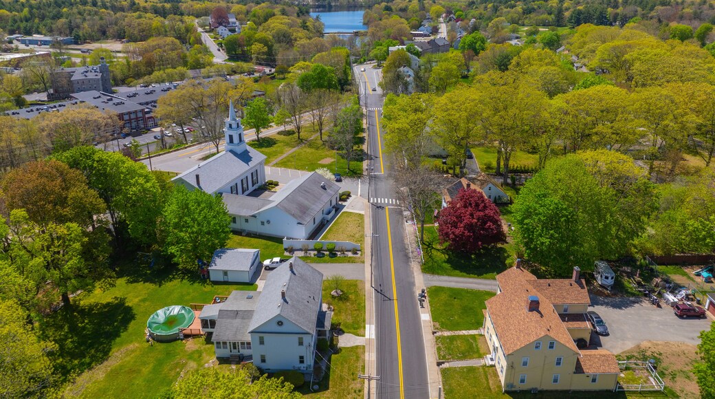 Congregational Church aerial view on Village Green in historic village of Slatersville, town of North Smithfield, Rhode Island RI, USA.