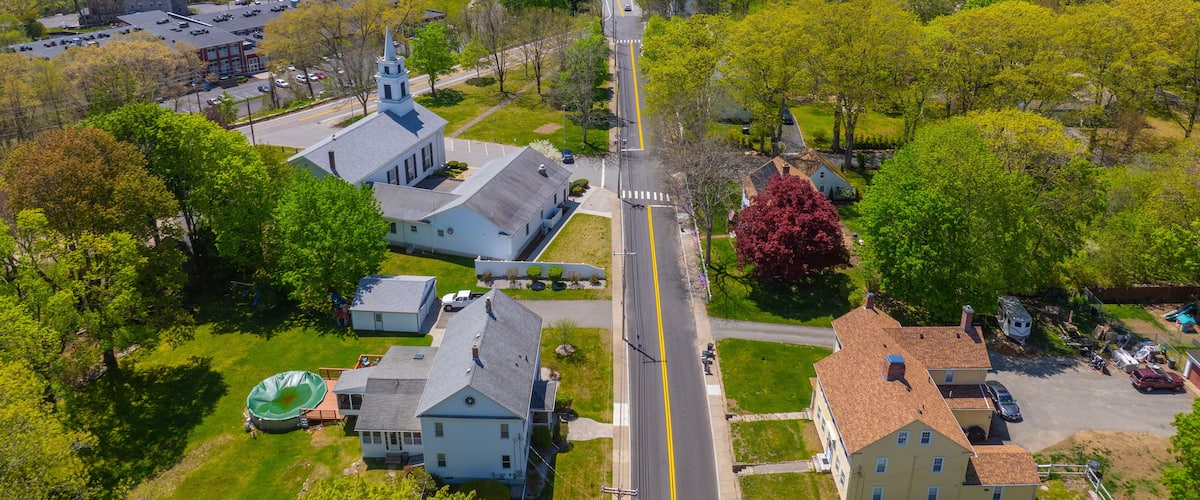 Congregational Church aerial view on Village Green in historic village of Slatersville, town of North Smithfield, Rhode Island RI, USA.