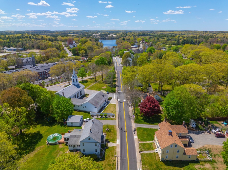 Congregational Church aerial view on Village Green in historic village of Slatersville, town of North Smithfield, Rhode Island RI, USA.