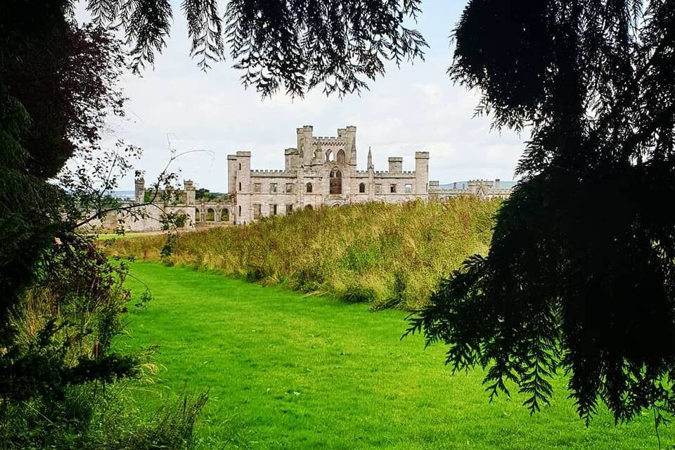 A castle surrounded by lush green fields and dense trees.