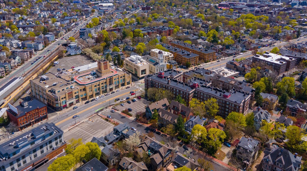 Porter Square aerial view on Massachusetts Avenue at Somerville Avenue in spring in city of Cambridge, Massachusetts MA, USA.