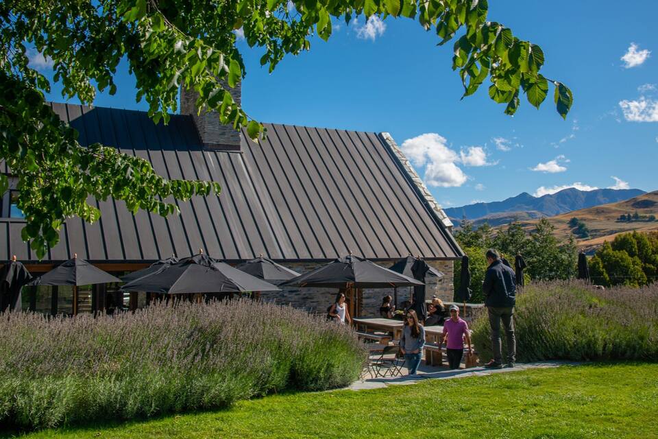 A restaurant with outdoor seating, surrounded by lavender fields and mountains in the background.
