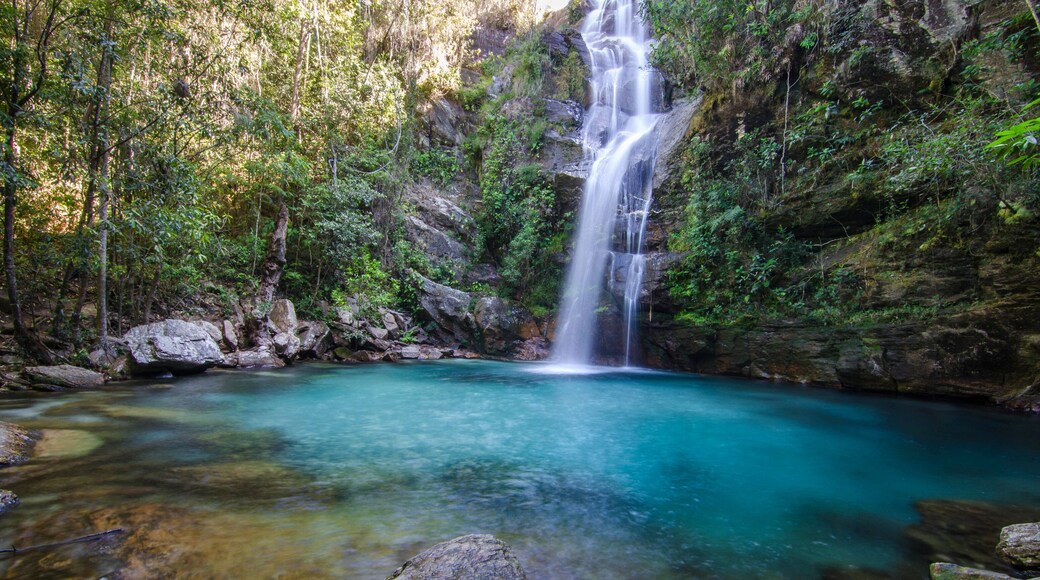 Beautiful Santa Barbara waterfall, with crystal clear blue turquoise water, near Cavalcante, Chapada dos Veadeiros, Brazil