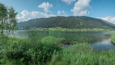 Wide panorama of weisensee in austria, visible church and typical village houses on the banks of picturesque alpine lake. one of austria's top destinations