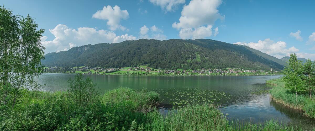 A lake surrounded by lush greenery and a mountain range in the background.