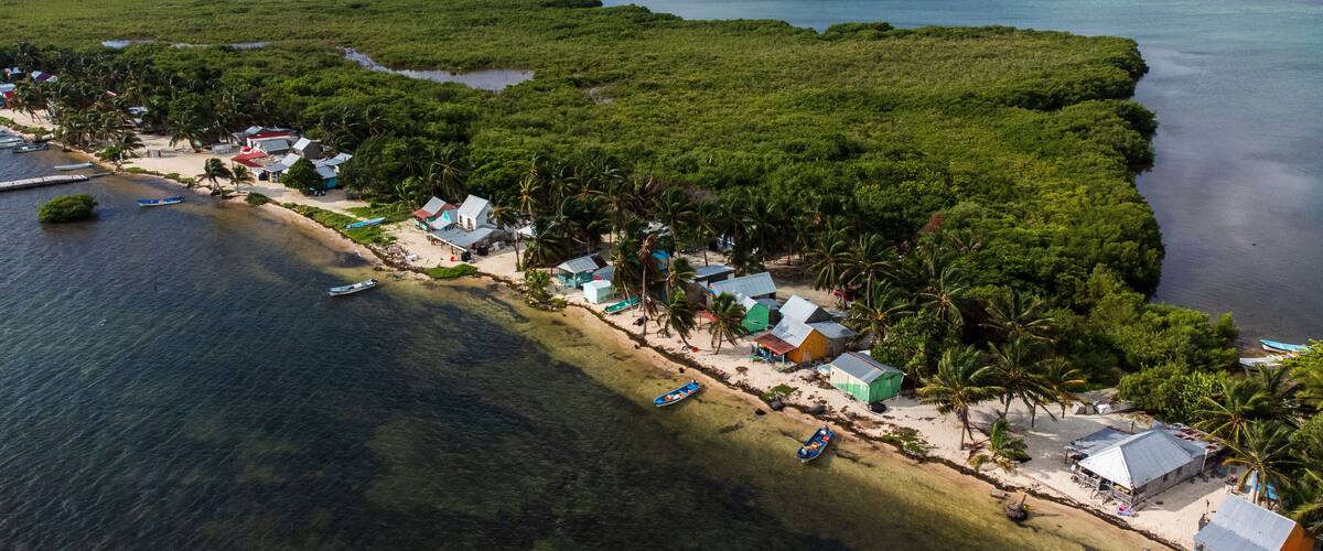 A coastal village with small houses, boats, and dense mangrove forests.
