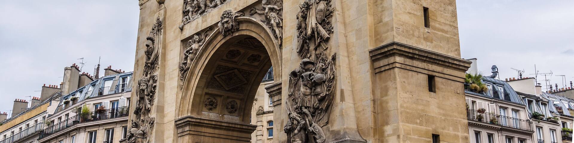 The Porte Saint-Denis, built in 1672, was designed by architect Francois Blondel at the order of Louis XIV. Bronze inscription LUDOVICO MAGNO (To Louis the Great). Paris, France.; Shutterstock ID 3983