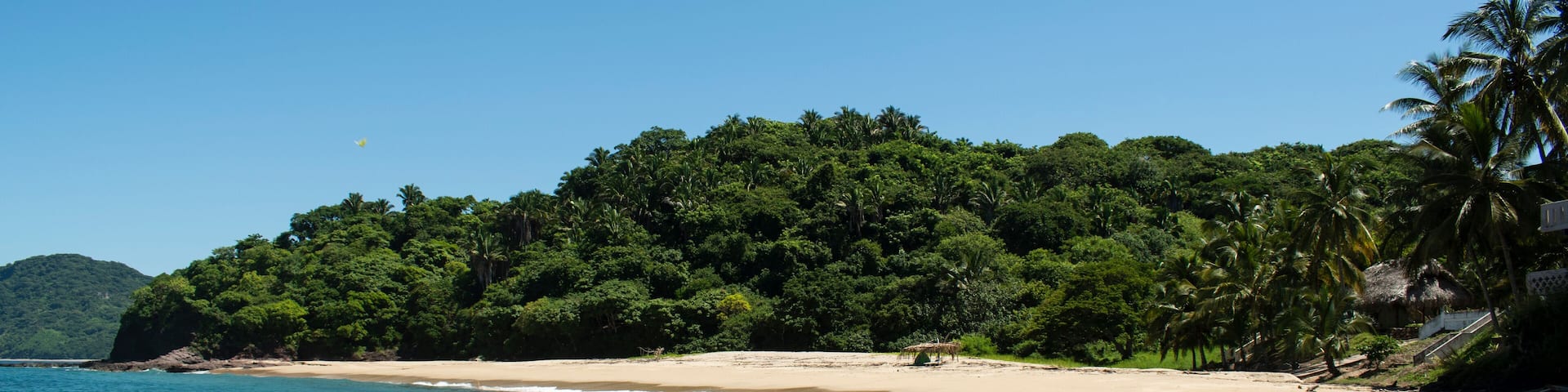 Beautiful landscape of the mexican pacific coast in a sunny day with a blue and clear sky, trees, palms and green hills, some waves and sand in the beach