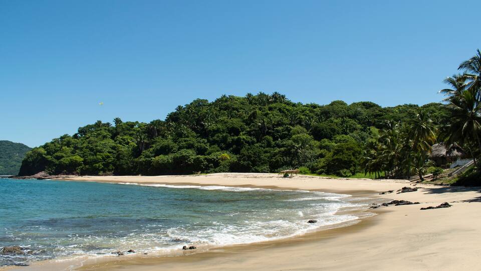Beautiful landscape of the mexican pacific coast in a sunny day with a blue and clear sky, trees, palms and green hills, some waves and sand in the beach