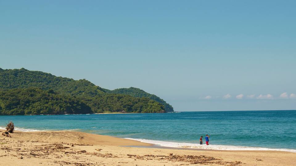 A beach with two people standing near the water, a sandy shore, and a forested hill in the background.