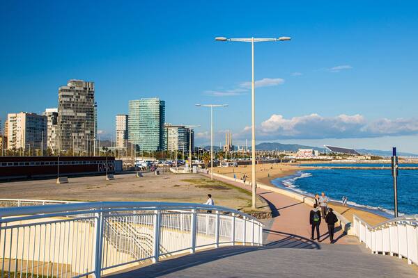 Bogatell Beach showing general coastal views and a coastal town