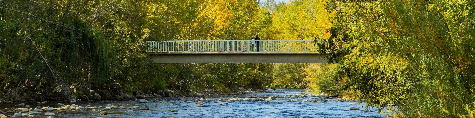 Mission Creek Regional Park showing a river or creek and a bridge as well as a couple