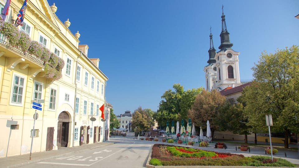 A street with a yellow building, a church with two spires, and flower beds.